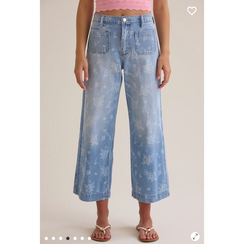 Altar'd State Floral Wide Leg Jeans Light Wash High Rise Cropped Pants Size 32